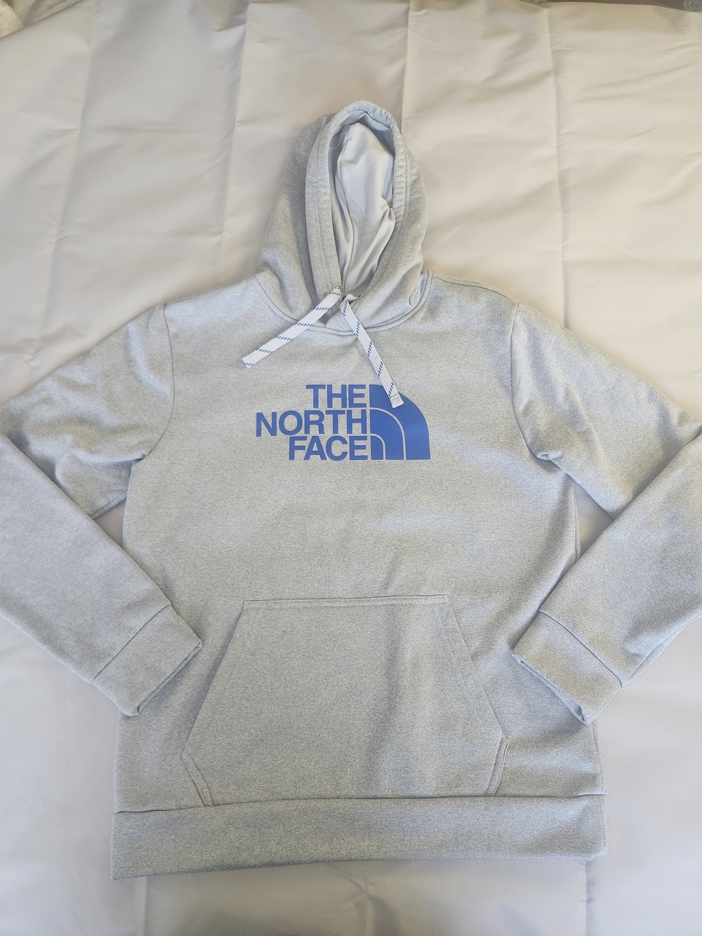 The North Face Men’s Light Gray Crewneck Hoodie with Blue Logo